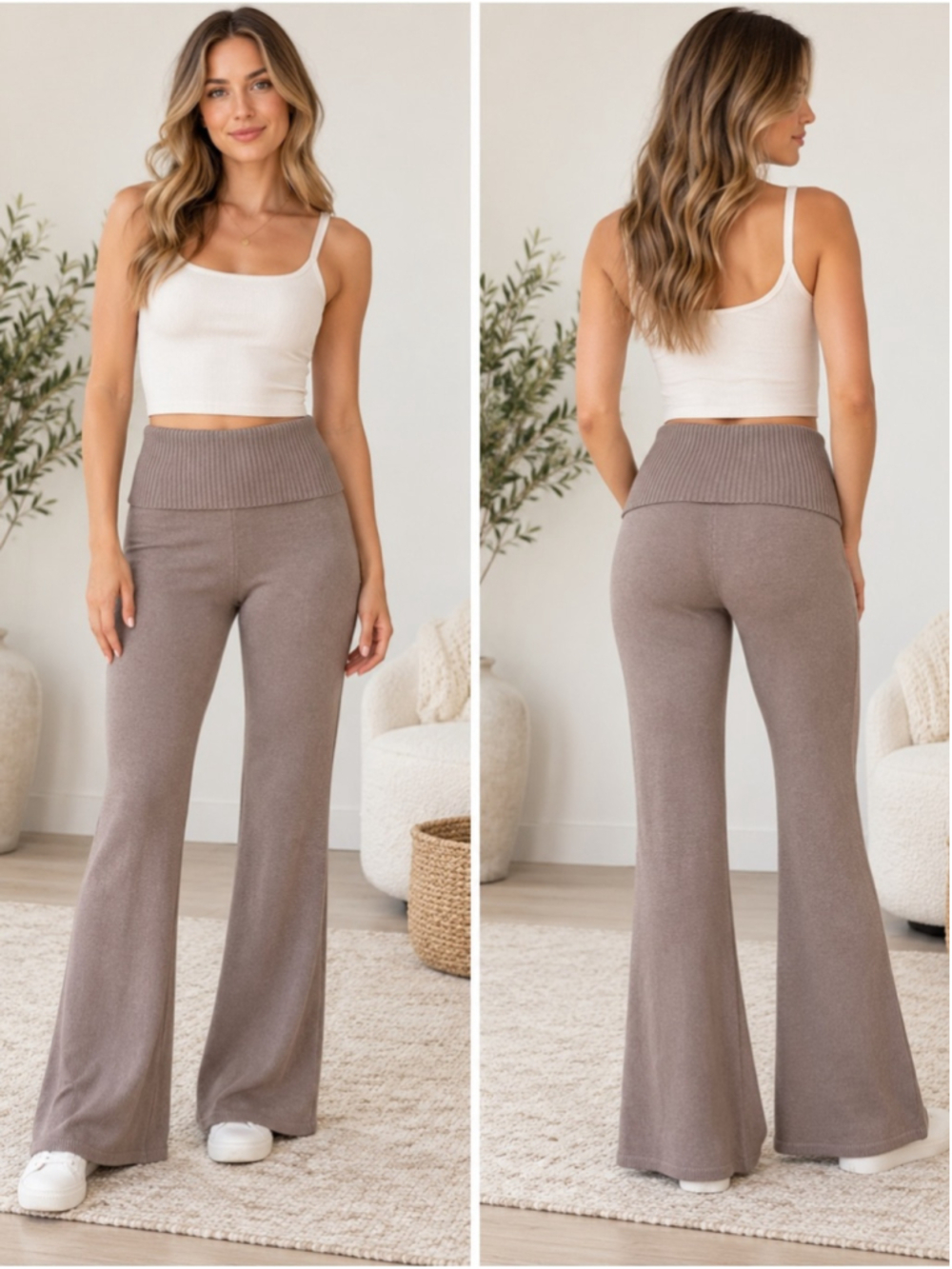 Streetwear Society Taupe Ribbed High-Waist Knit Flare Pants Size M Y2K Loungewea